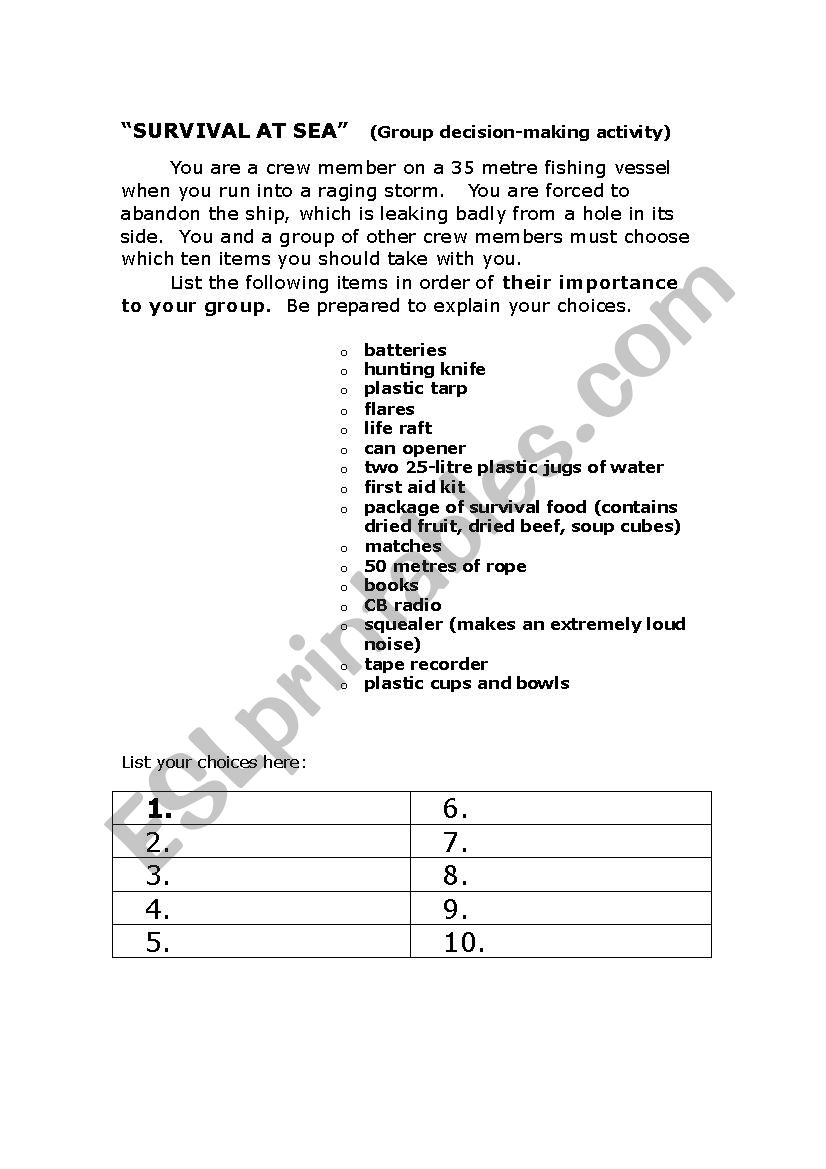 Survival at Sea worksheet