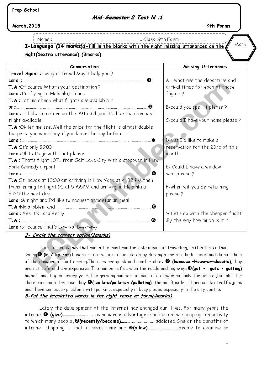 semester two test 1  worksheet