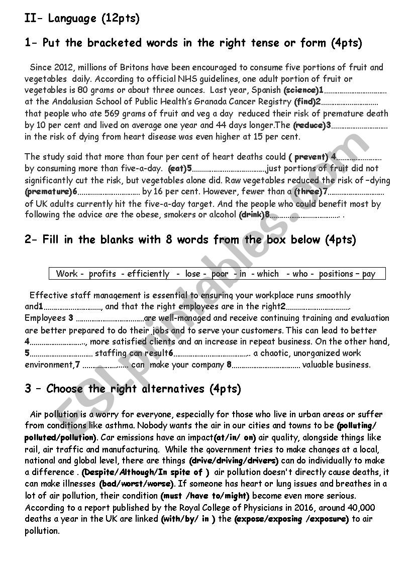 Mid-semester test N2 (Bac) worksheet