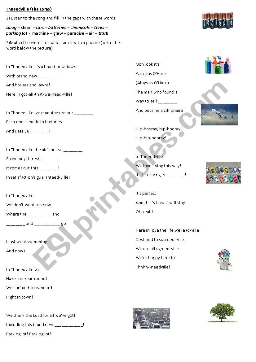 Thneedville (The Lorax song) worksheet