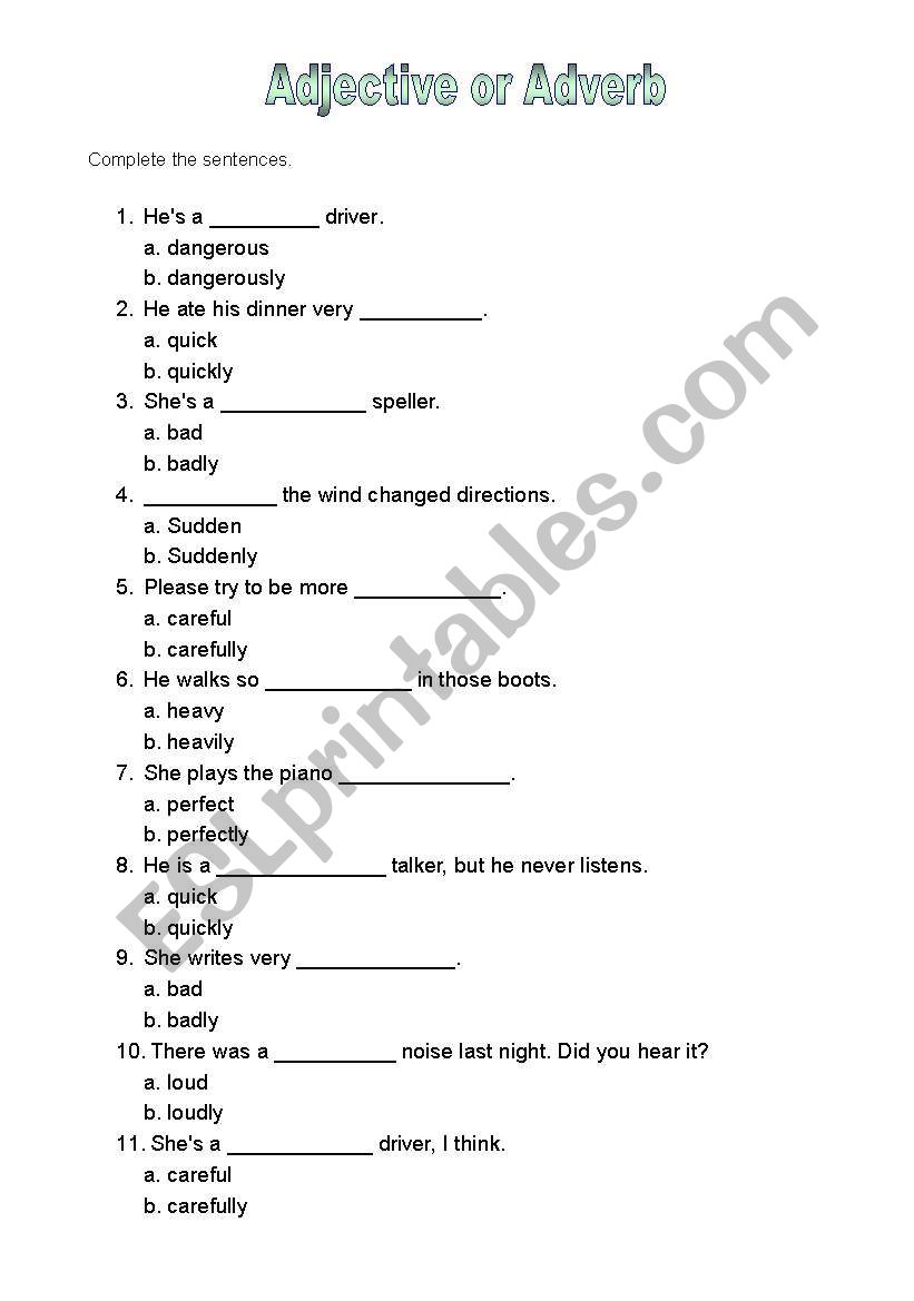 Adjective or Adverb worksheet