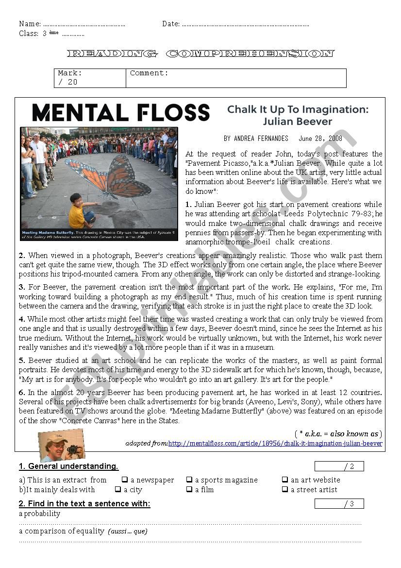 Street Artist: Julian Beever. worksheet