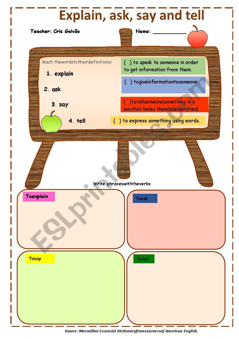 EXPLAIN, ASK, SAY AND TELL. DEFINITIONS AND EXERCISE