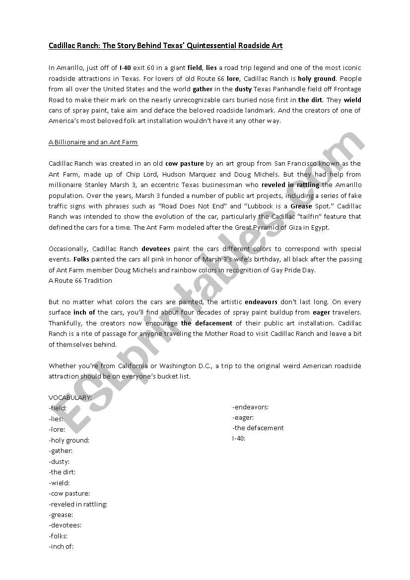 CADILLAC RANCH (ROAD 66) worksheet CADILLAC RANCH (ROAD 66) worksheet