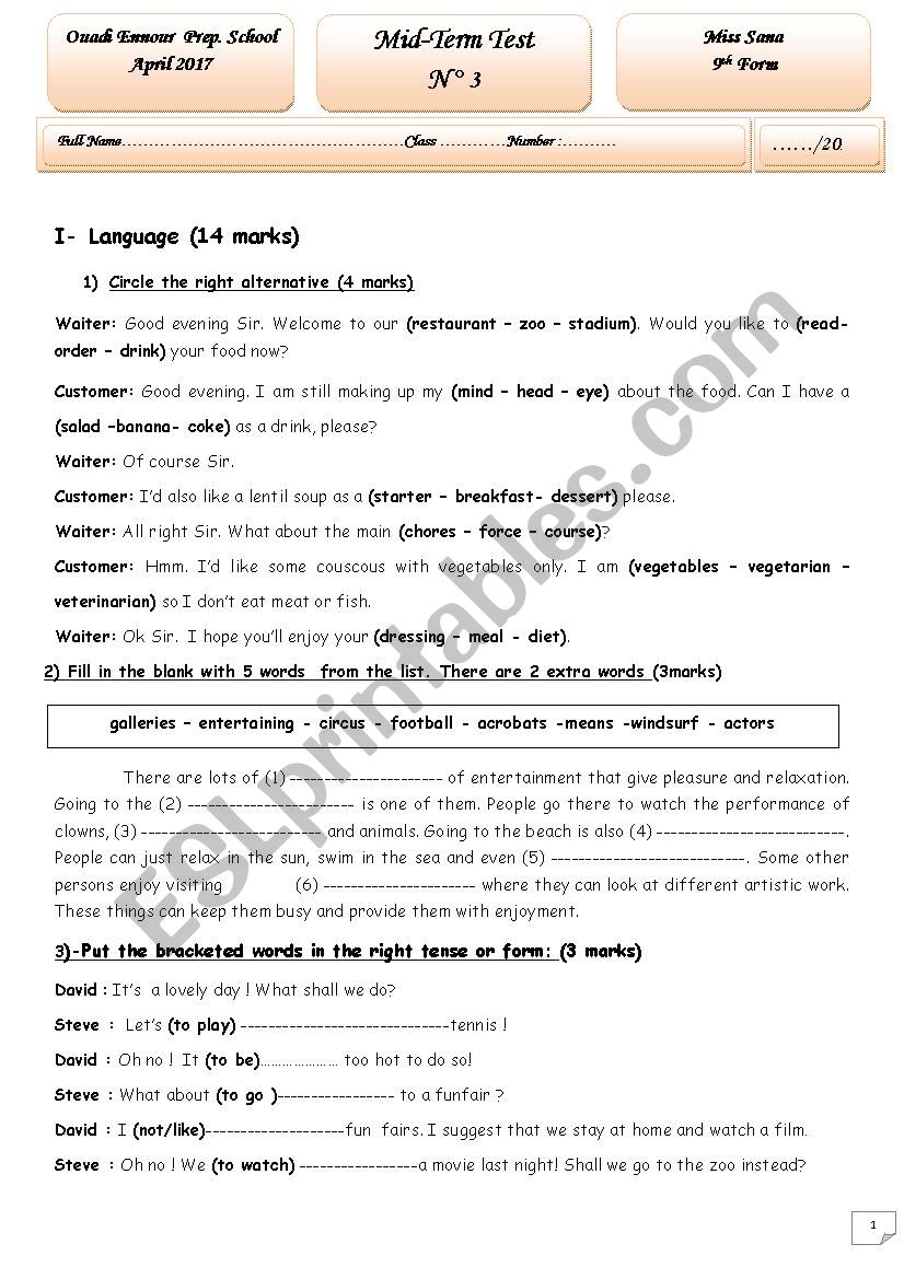 Mid semester 2 Test 2 9th Form