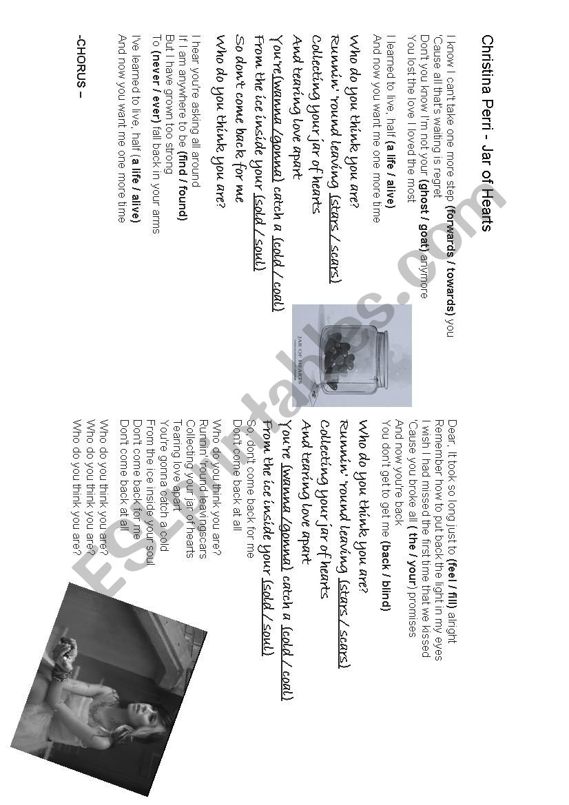 Jar of Hearts song Activity worksheet