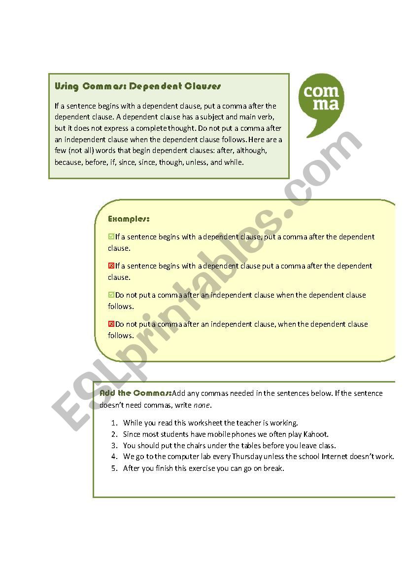 Using Commas: Dependent Clauses