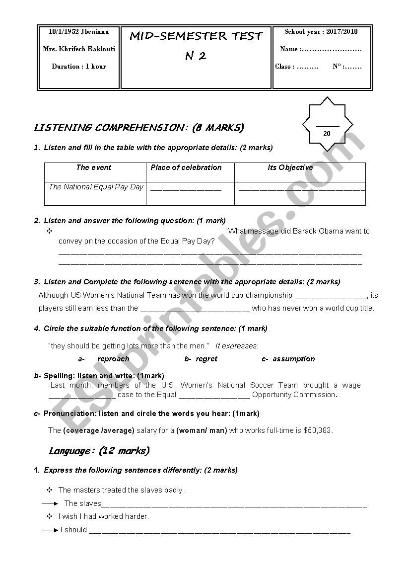 a test for second year pupils worksheet