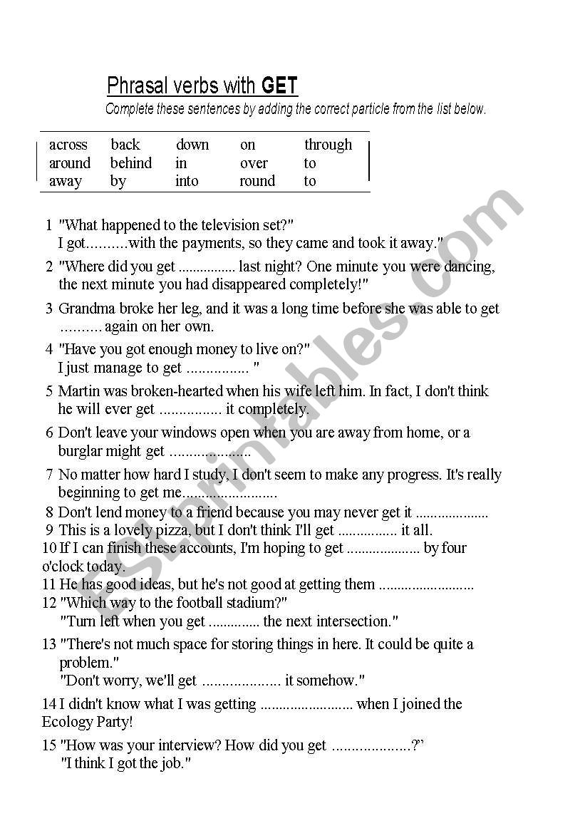 phrasal verbs get and go worksheet