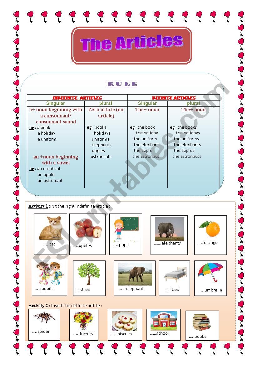 Articles worksheet