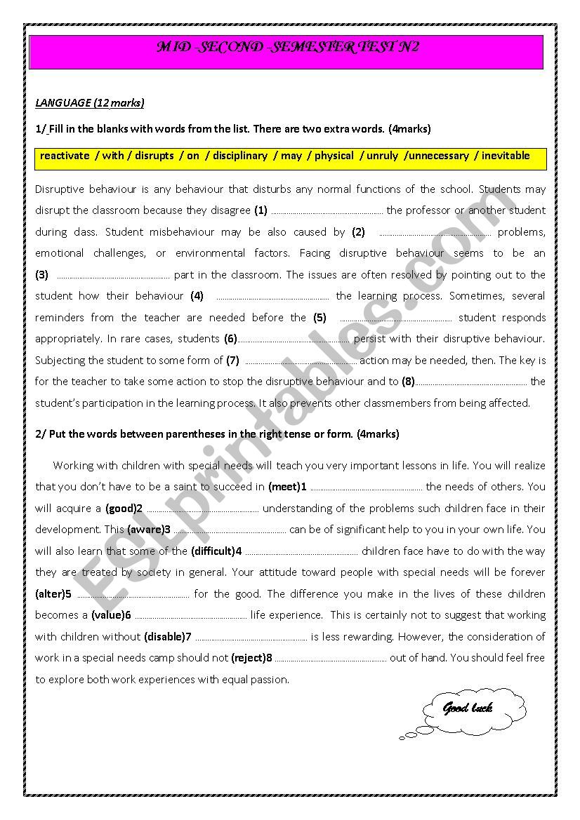 mid- second semester test N 2 3year Arts