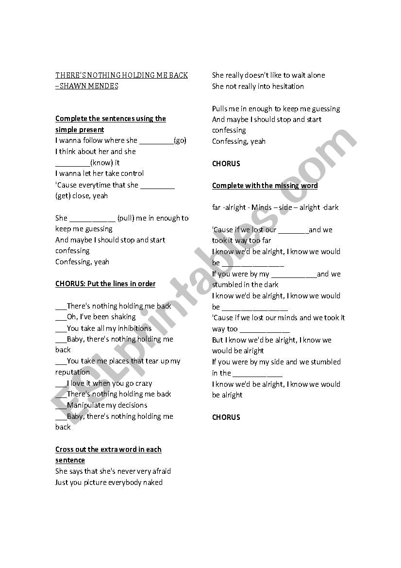 There´s nothing holding me back- Shawn Mendes - ESL worksheet by Paula Olmos