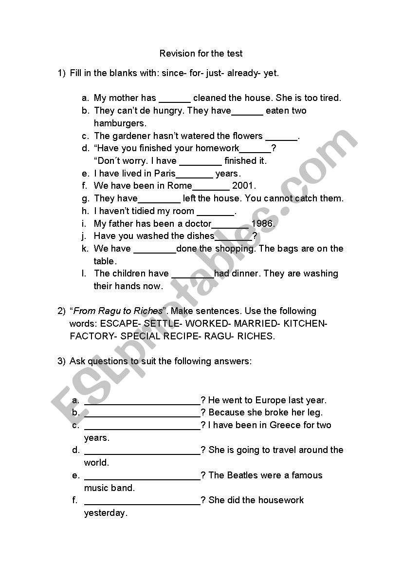 TEST: VERB TENSES worksheet