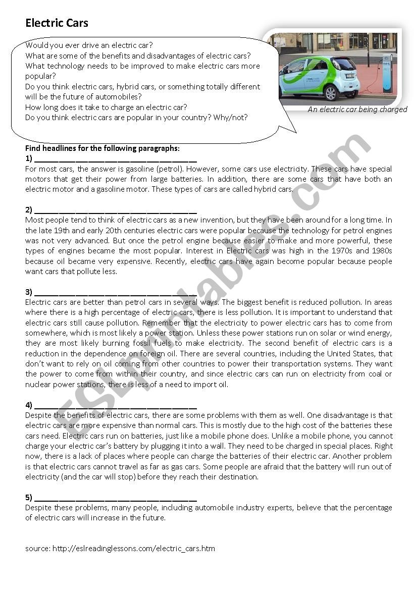 Electric Cars  worksheet