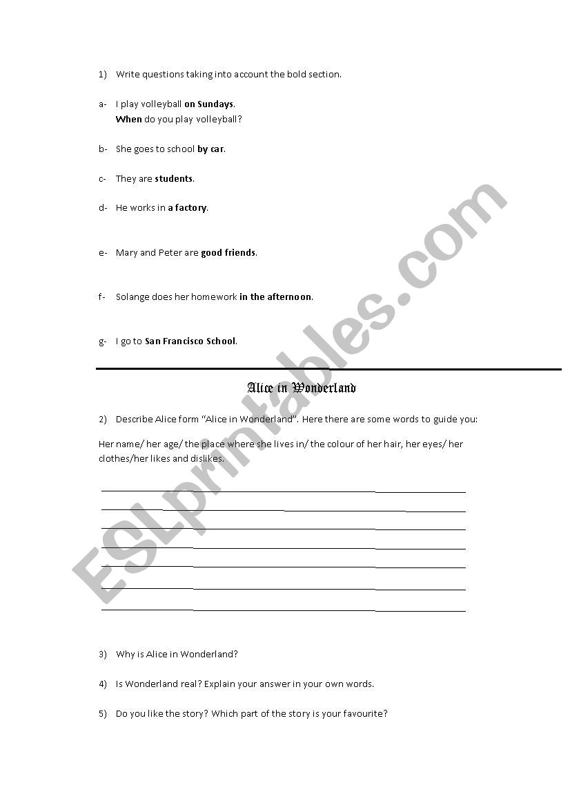 Alice in wonderland worksheet