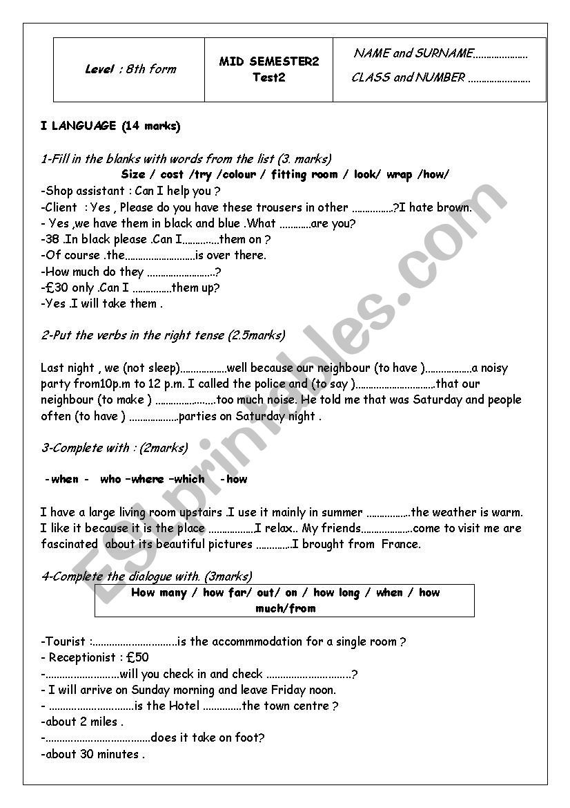 8th form mid-term test 2 worksheet