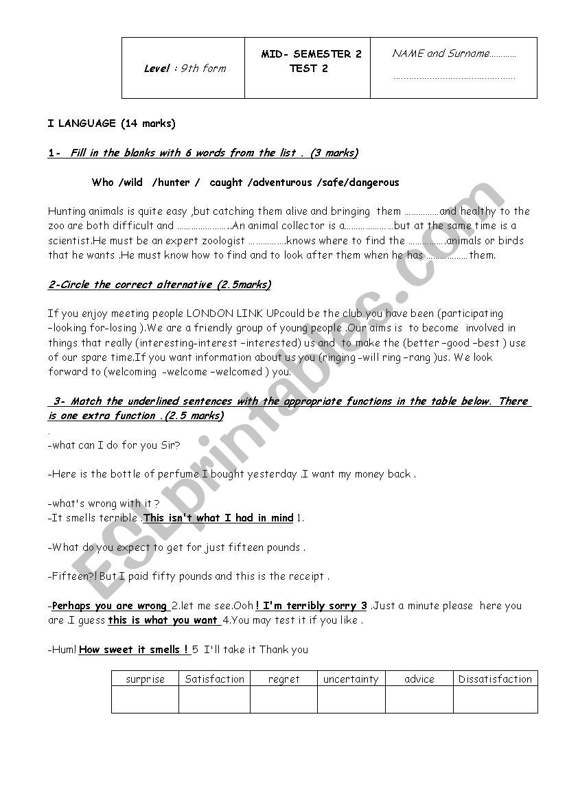 9th  Form mid-term test 2 worksheet