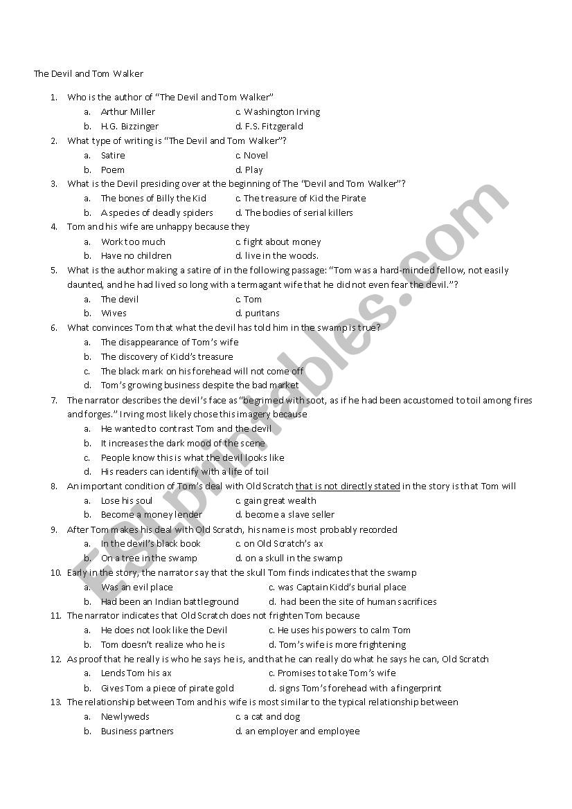 Devil and Tom Walker Test worksheet