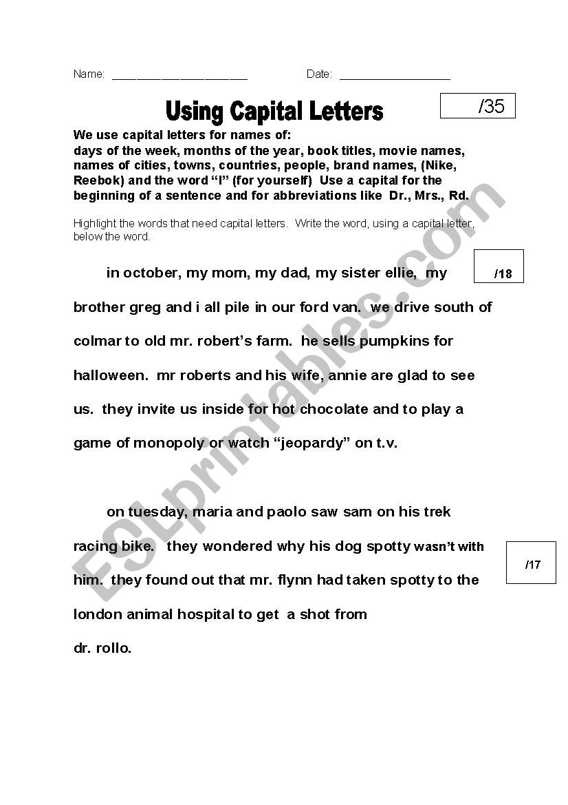 Using Capital Letters 2 worksheet