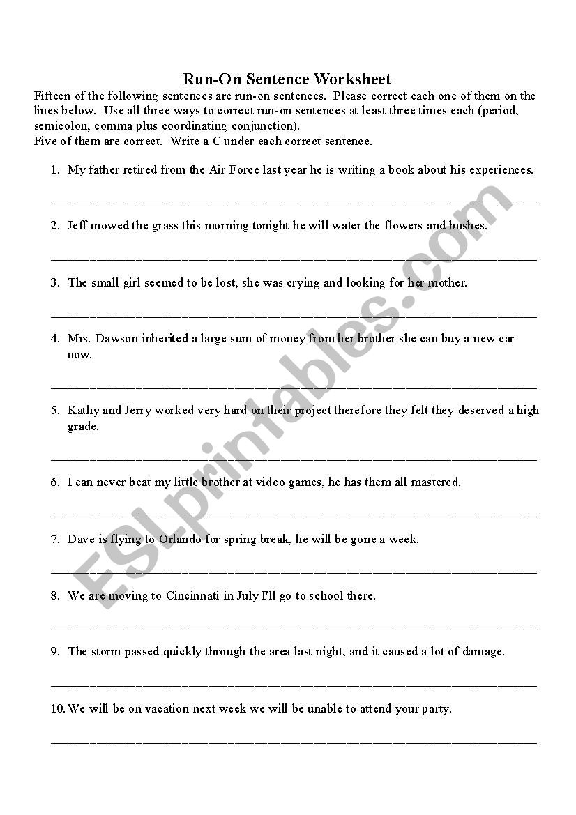 Run-on worksheet worksheet