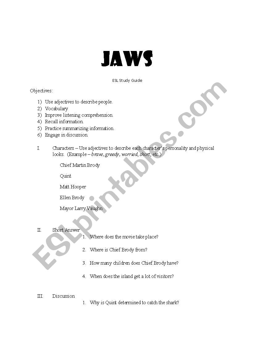 Jaws ESL Film Study Guide worksheet