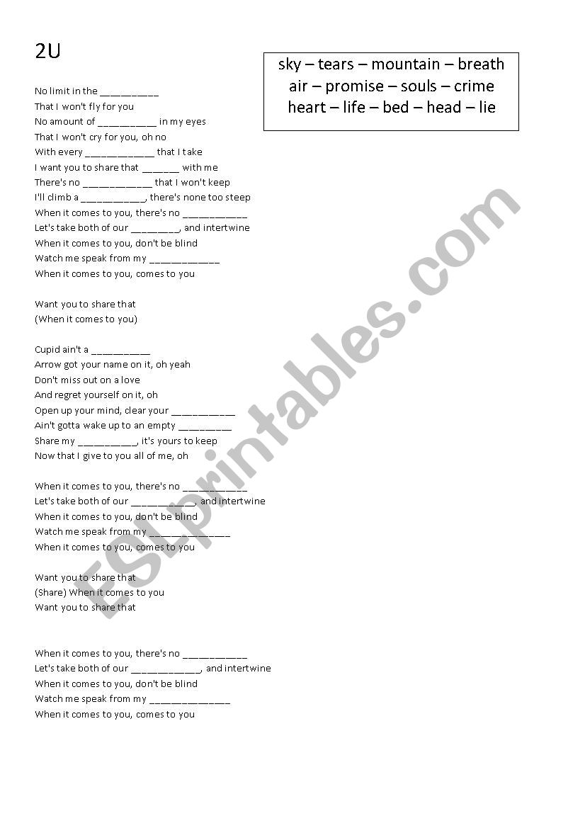 U2 Justin Biber worksheet