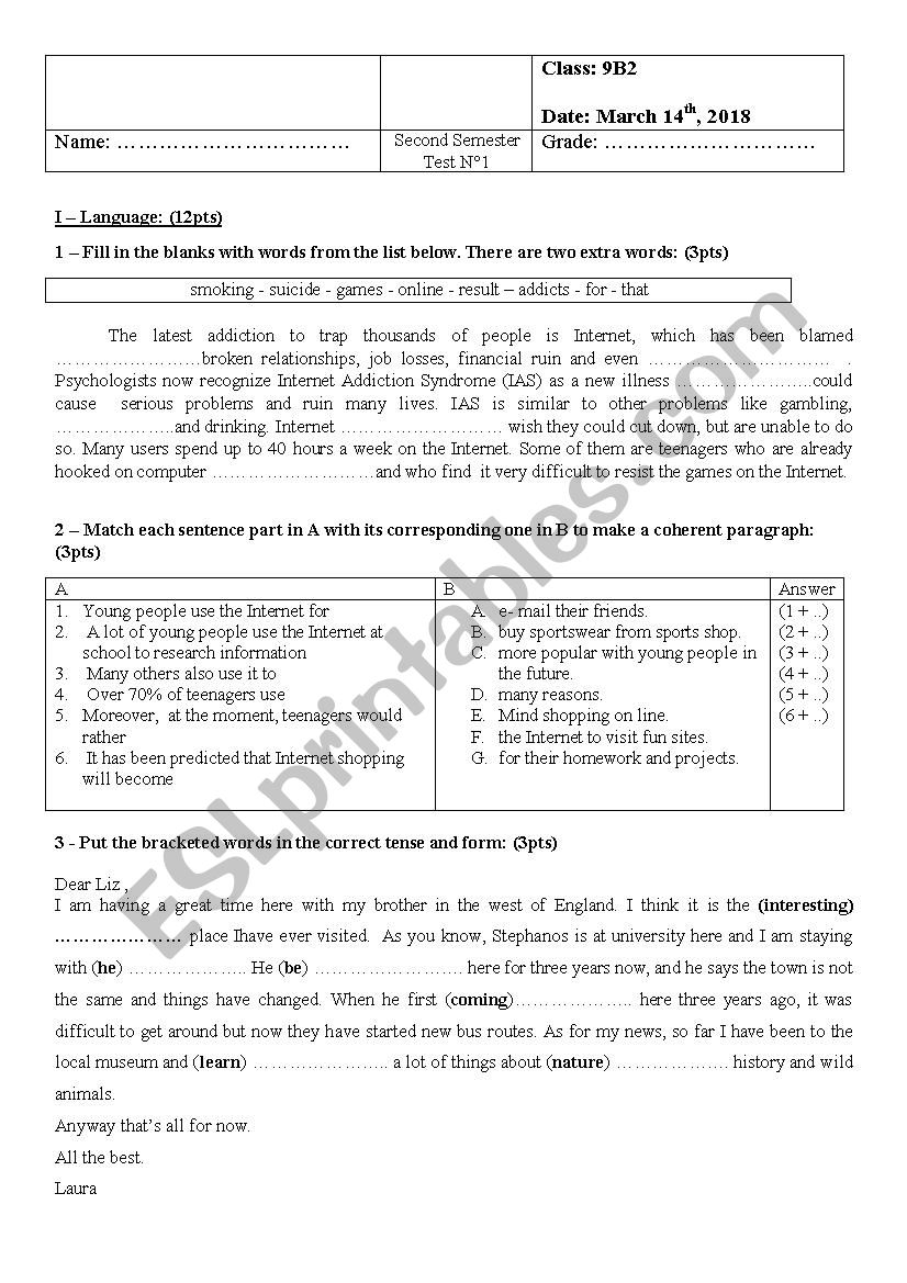 9th form, Test 2 worksheet