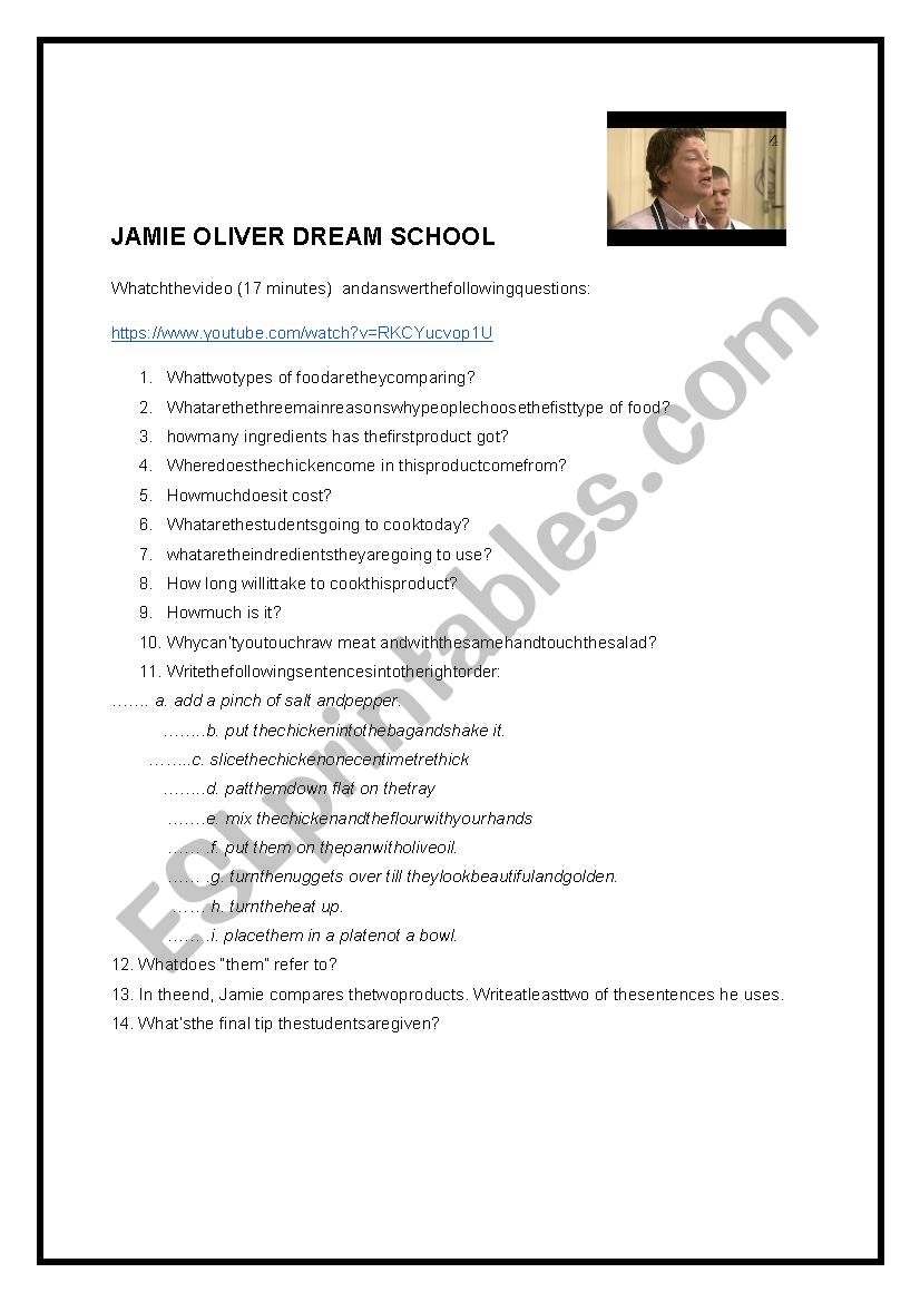 Jamie Oliver dream School worksheet