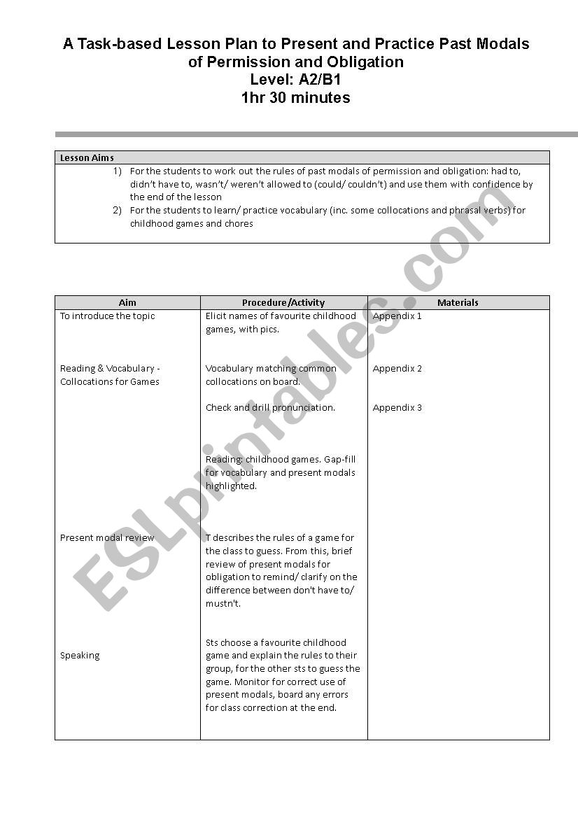 Task-based Lesson Plan: A2/B1: Past modals of obligation and permission