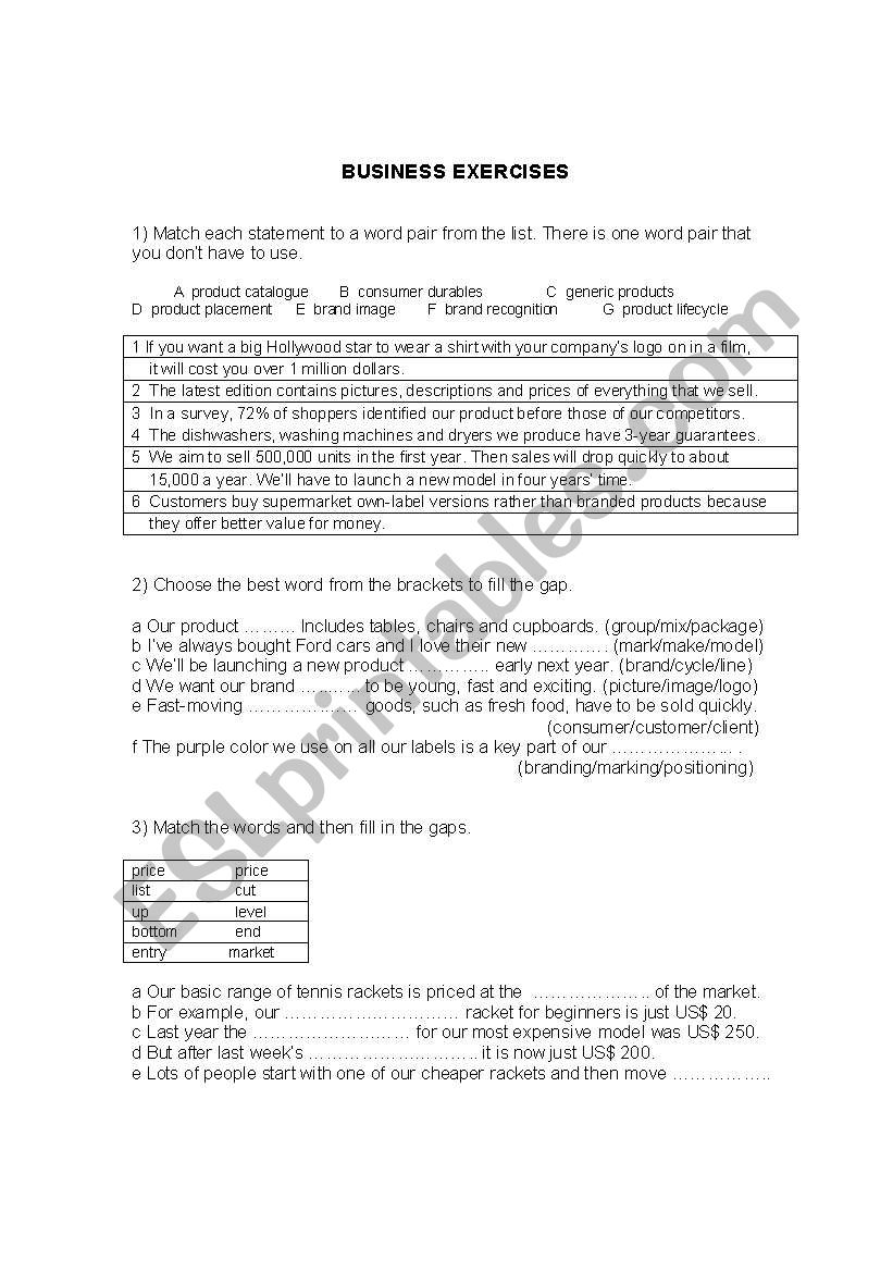 Business exercises worksheet