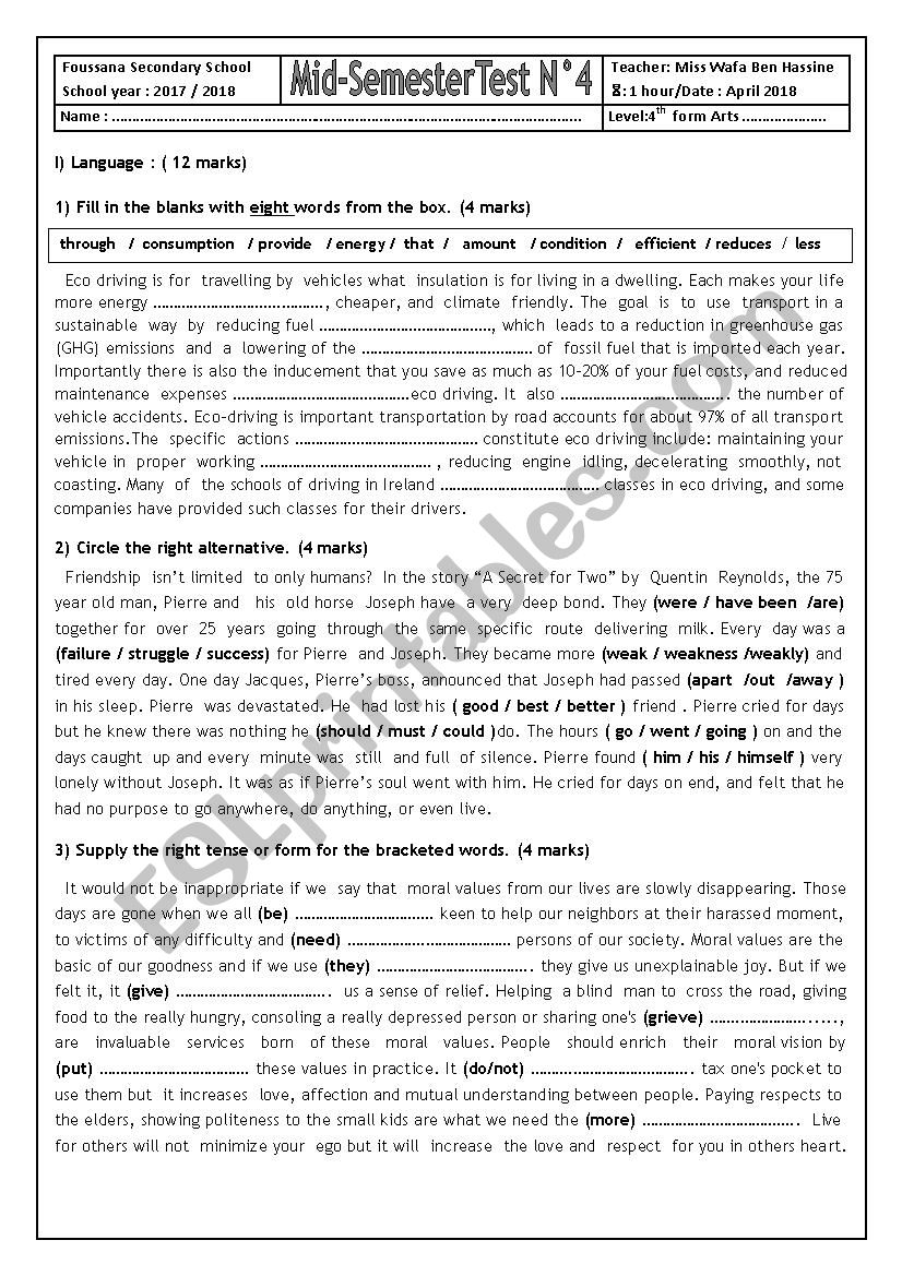 Mid-Semester Test N4 (fourth form Arts)
