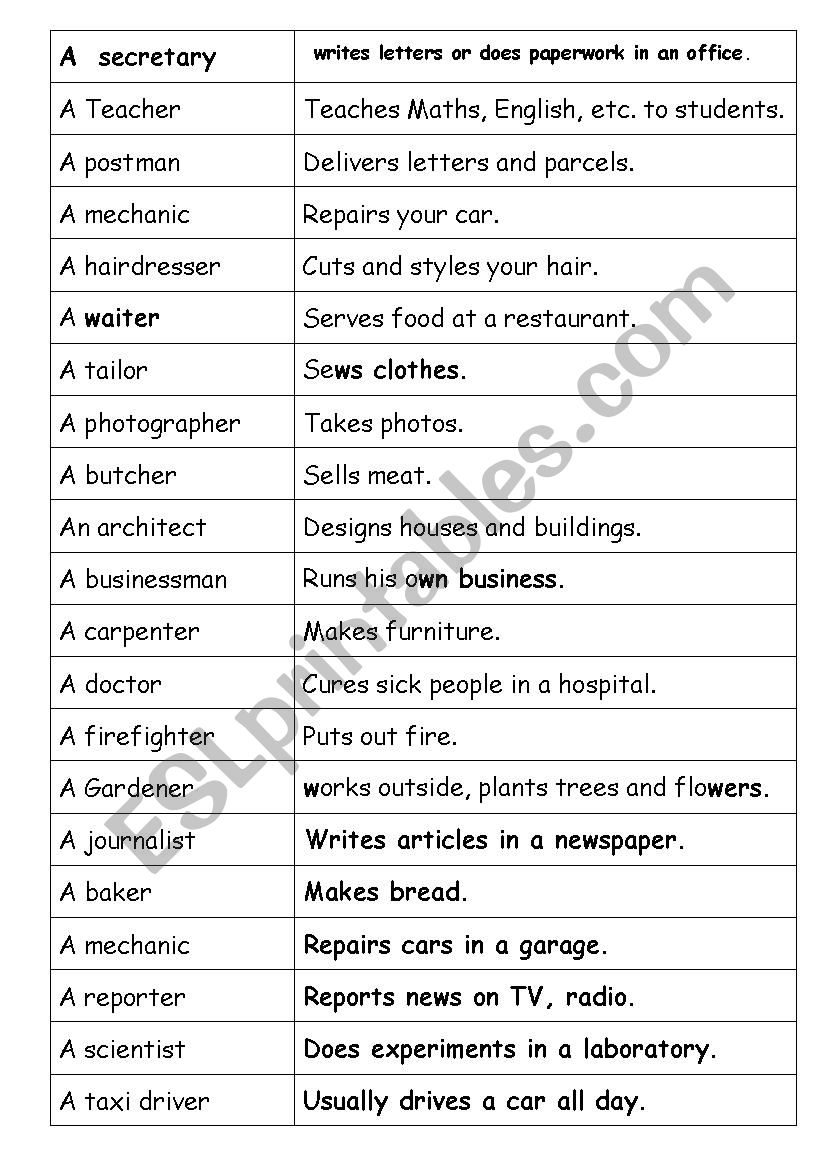 Occupations matching activity worksheet