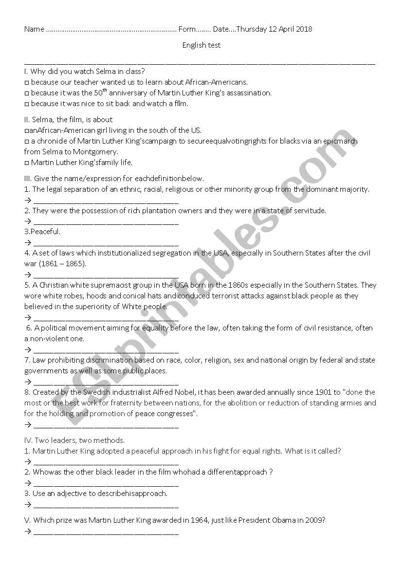 Test on Selma the film worksheet