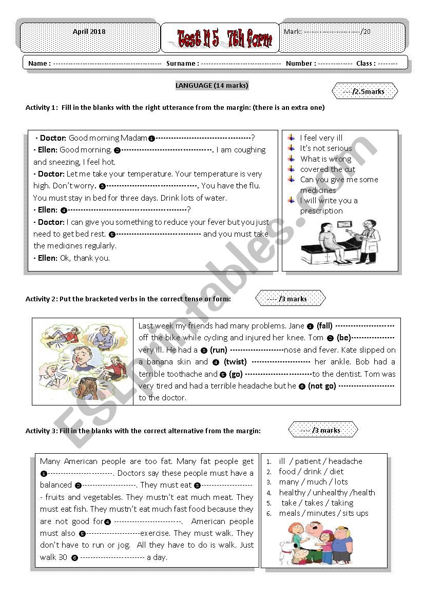 test 5 7th form Tunisai  worksheet