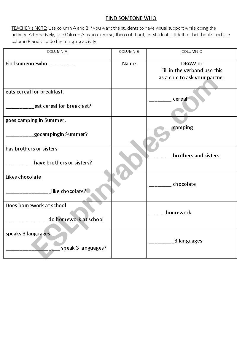 Find Someone Who.... for kids worksheet