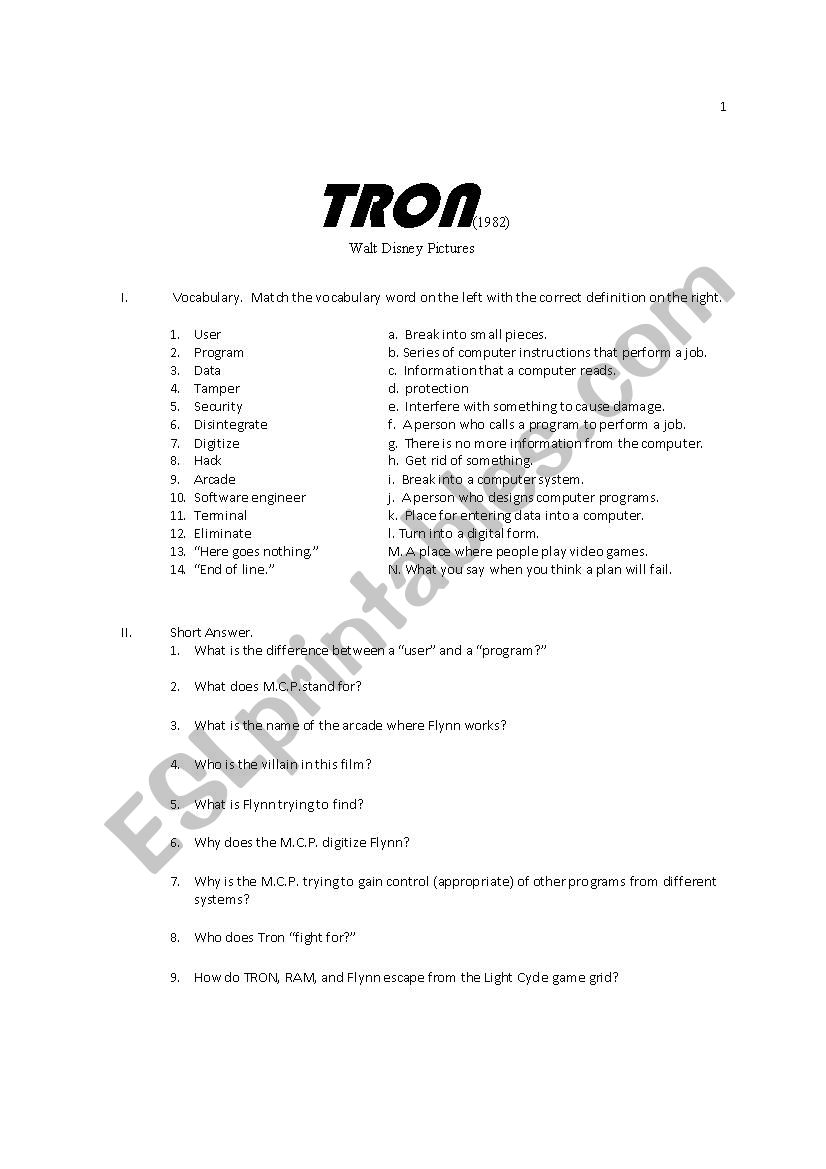 TRON Film Study Guide worksheet