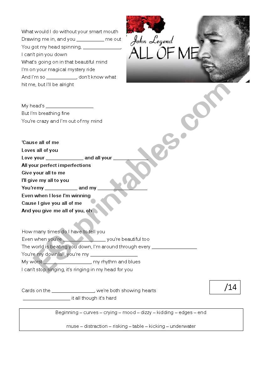 John Legend All of me worksheet