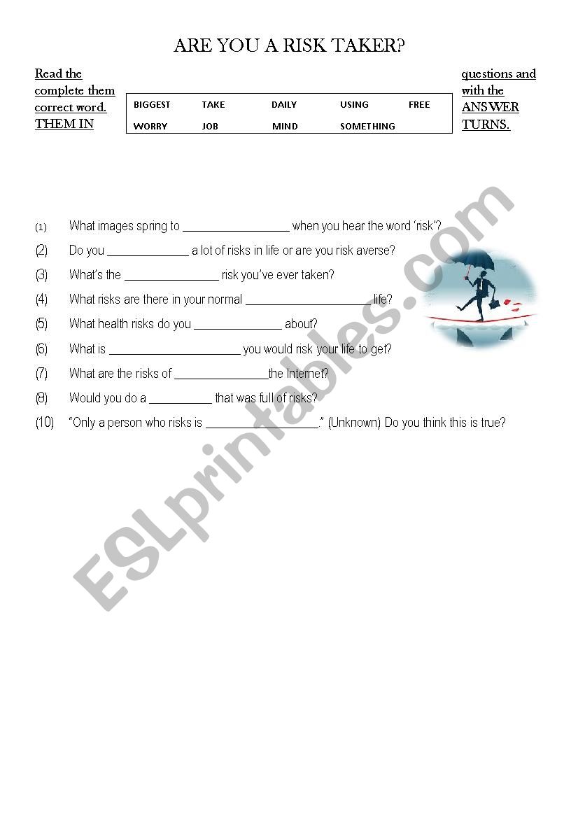 ARE YOU A RISK TAKER? worksheet