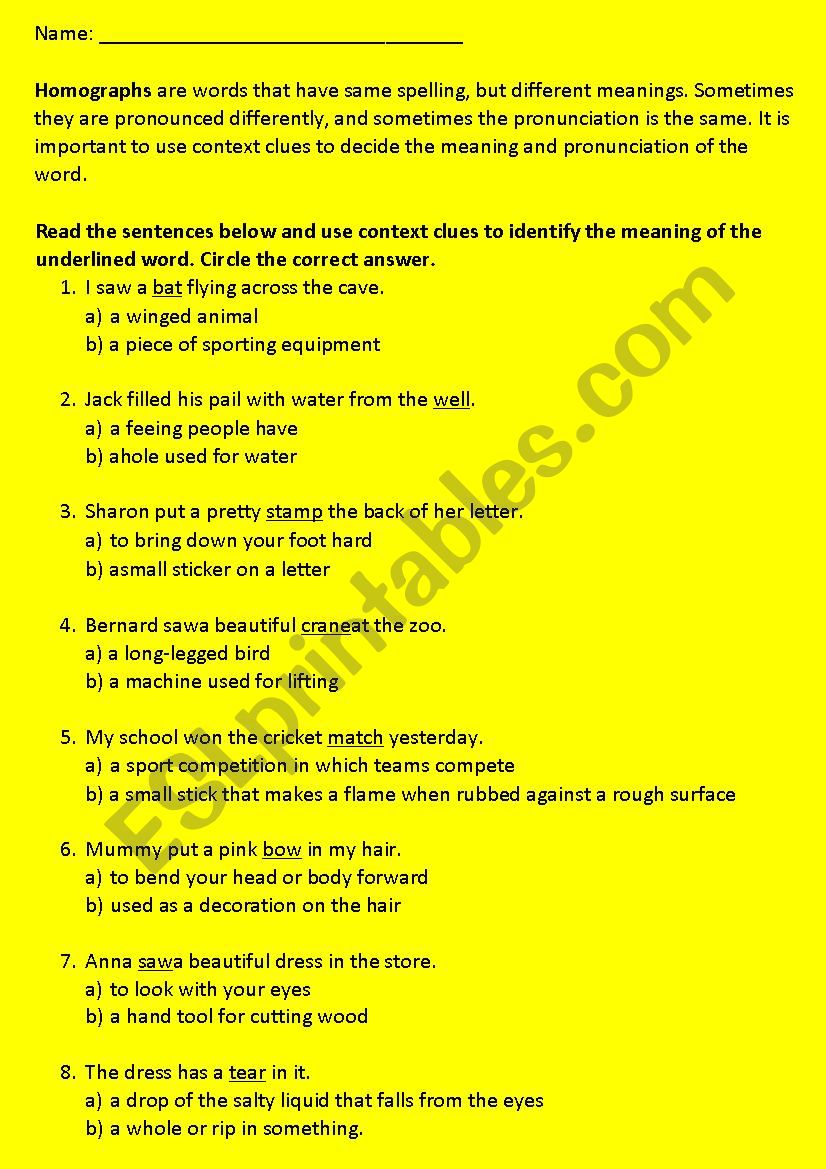 Homographs worksheet