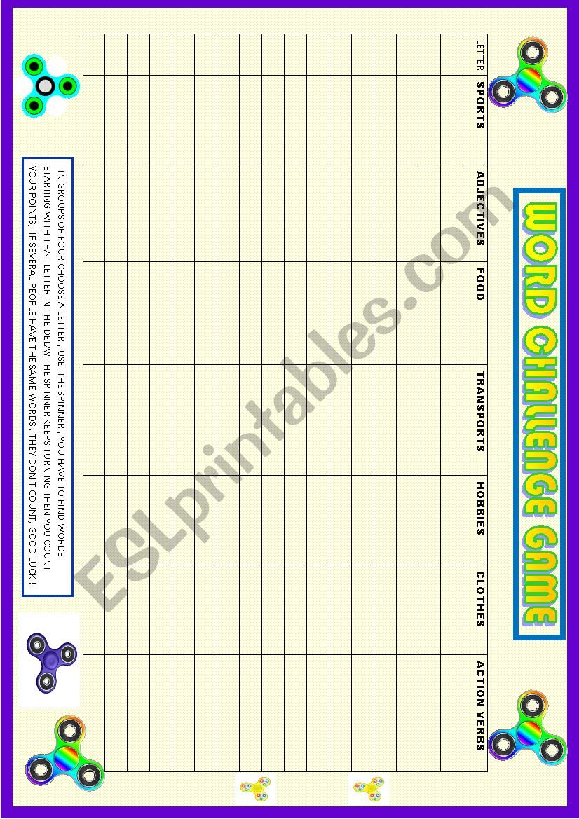 Word challenge game worksheet