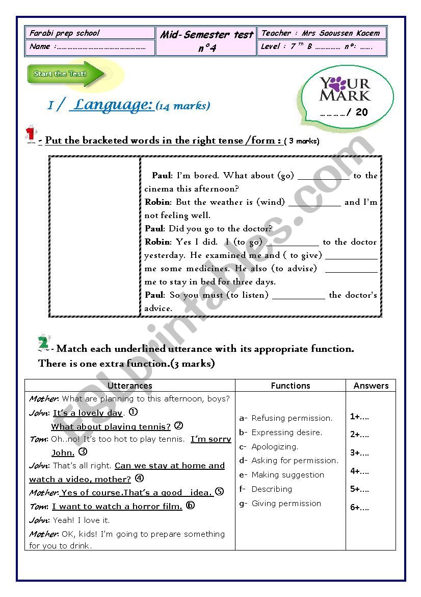 Mid Semester test n 4 7th form