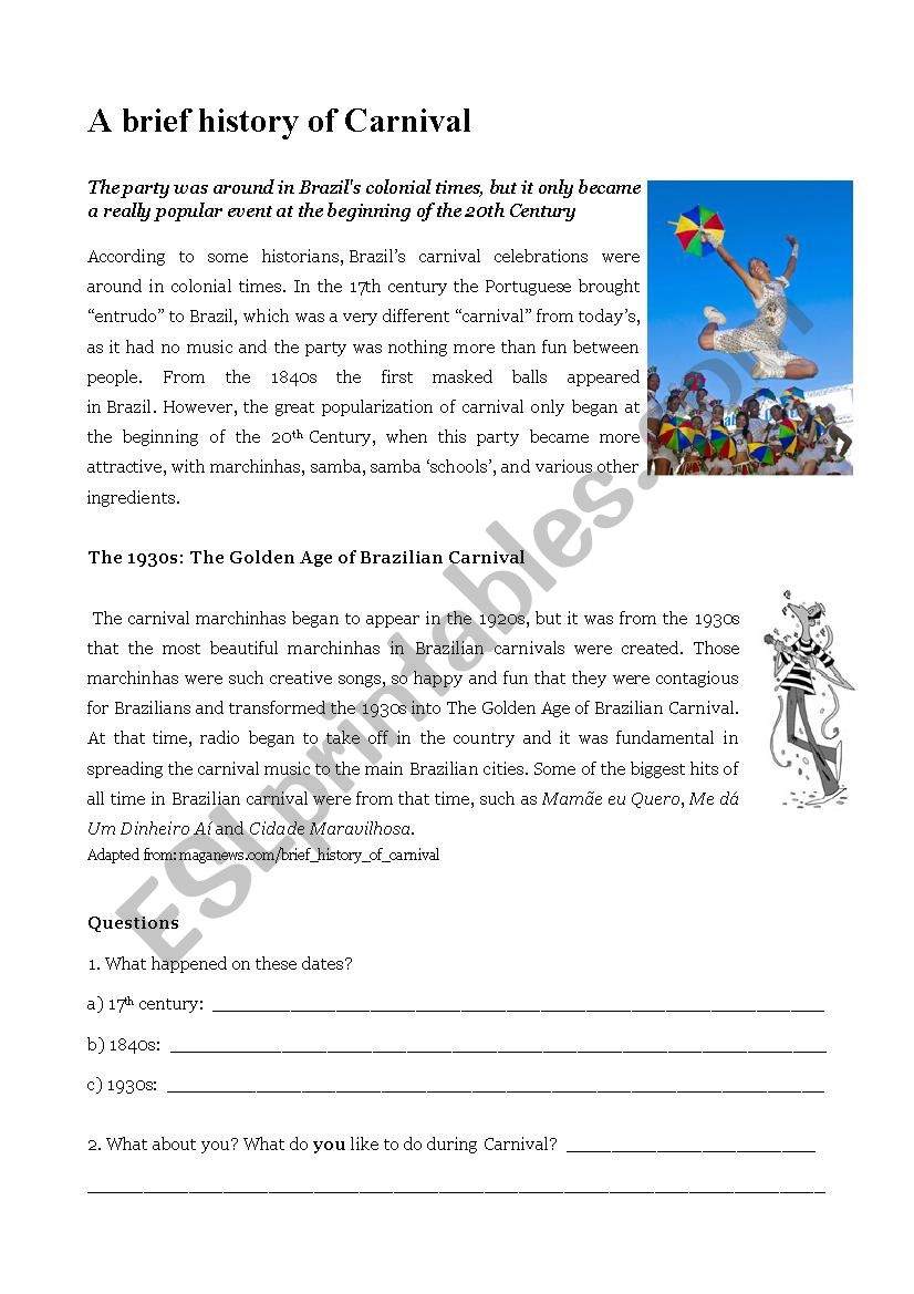 Brazilian Carnival worksheet