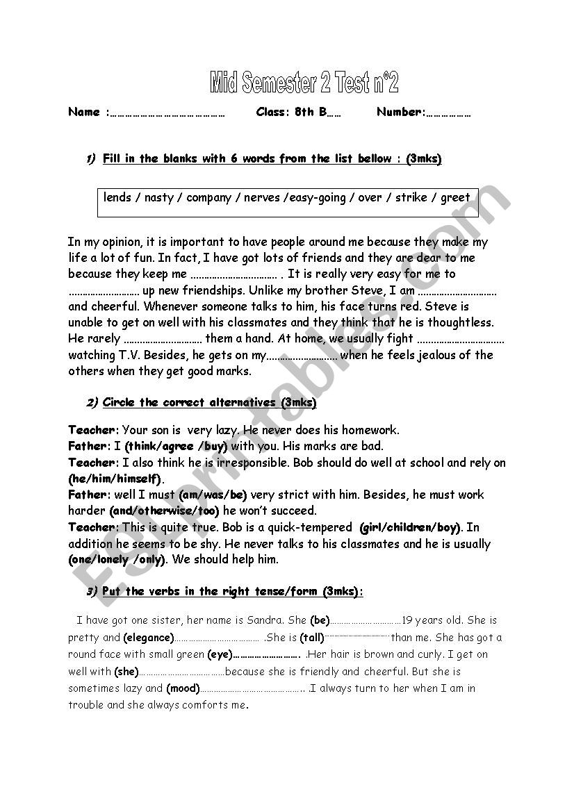 Mid-term Test 2 8th Form worksheet