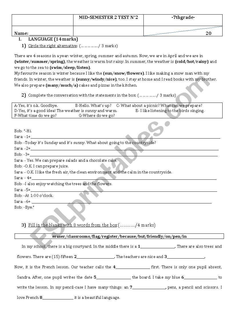 Mid-semester 2 test n°2- 7th grade-Tunisia Mid-semester 2 test n°2- 7th grade-Tunisia