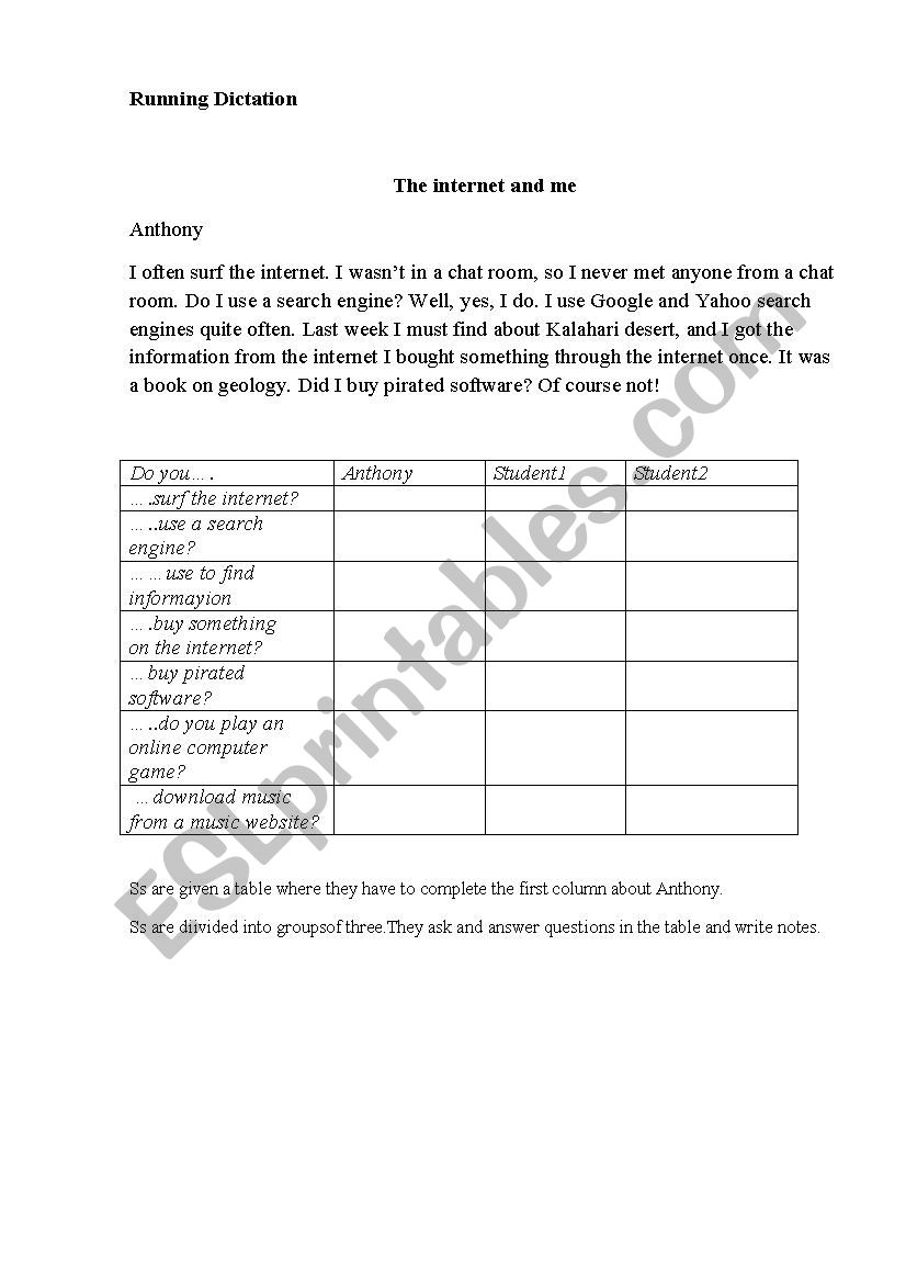 Running dictation worksheet