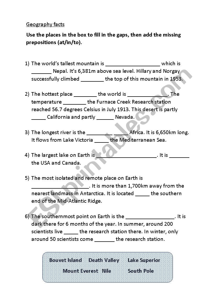 Geography facts: at / in / to as prepositions of place