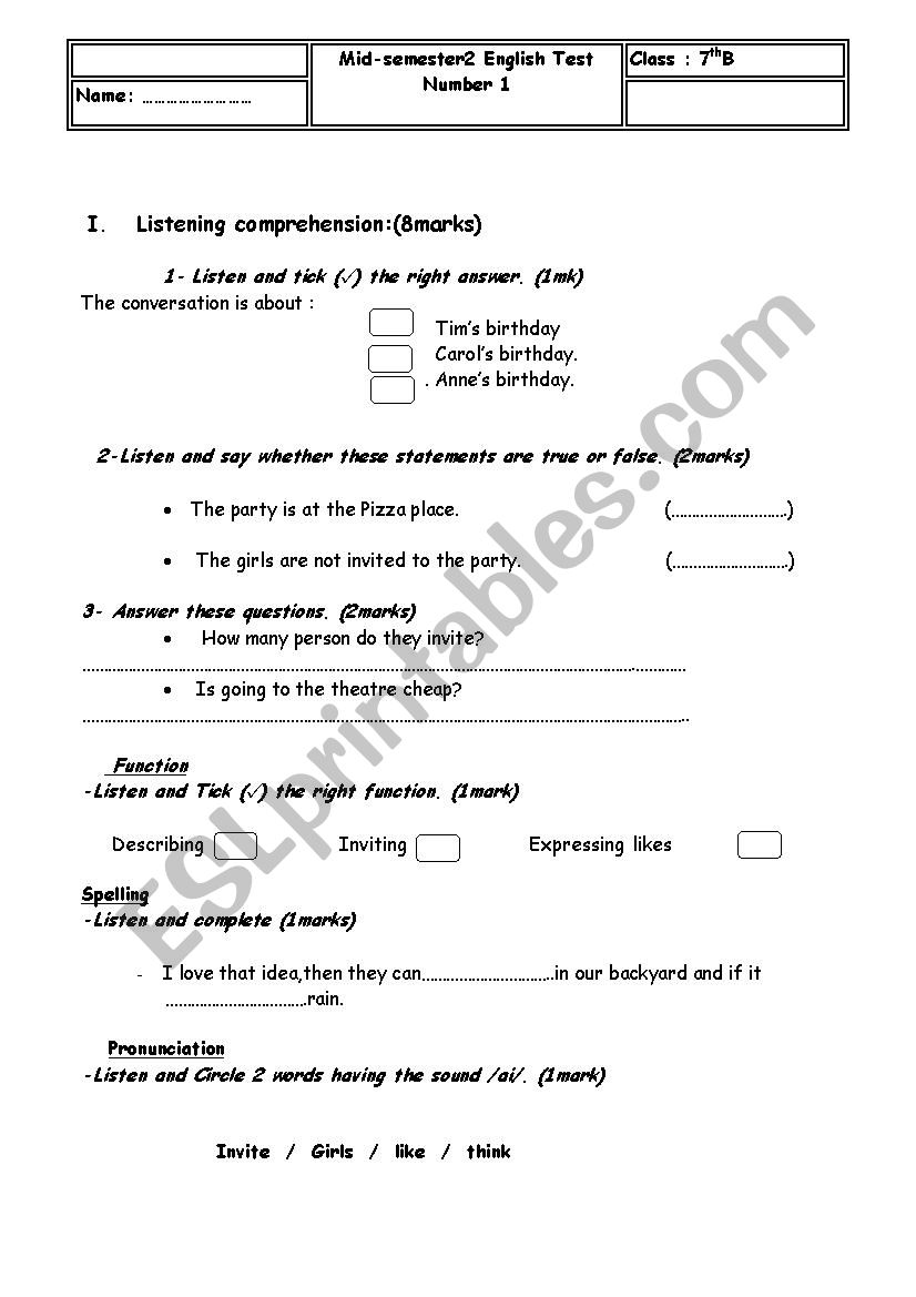 7th form exam worksheet