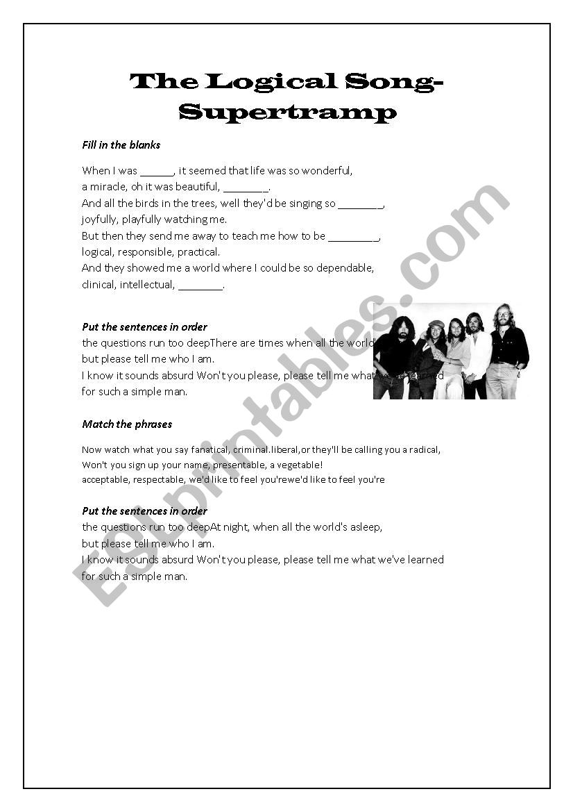 logical song - supertramp worksheet