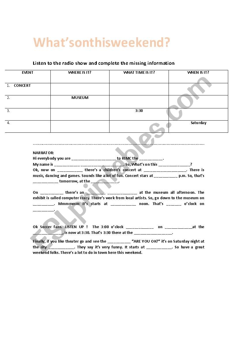 Whats on this weekend worksheet