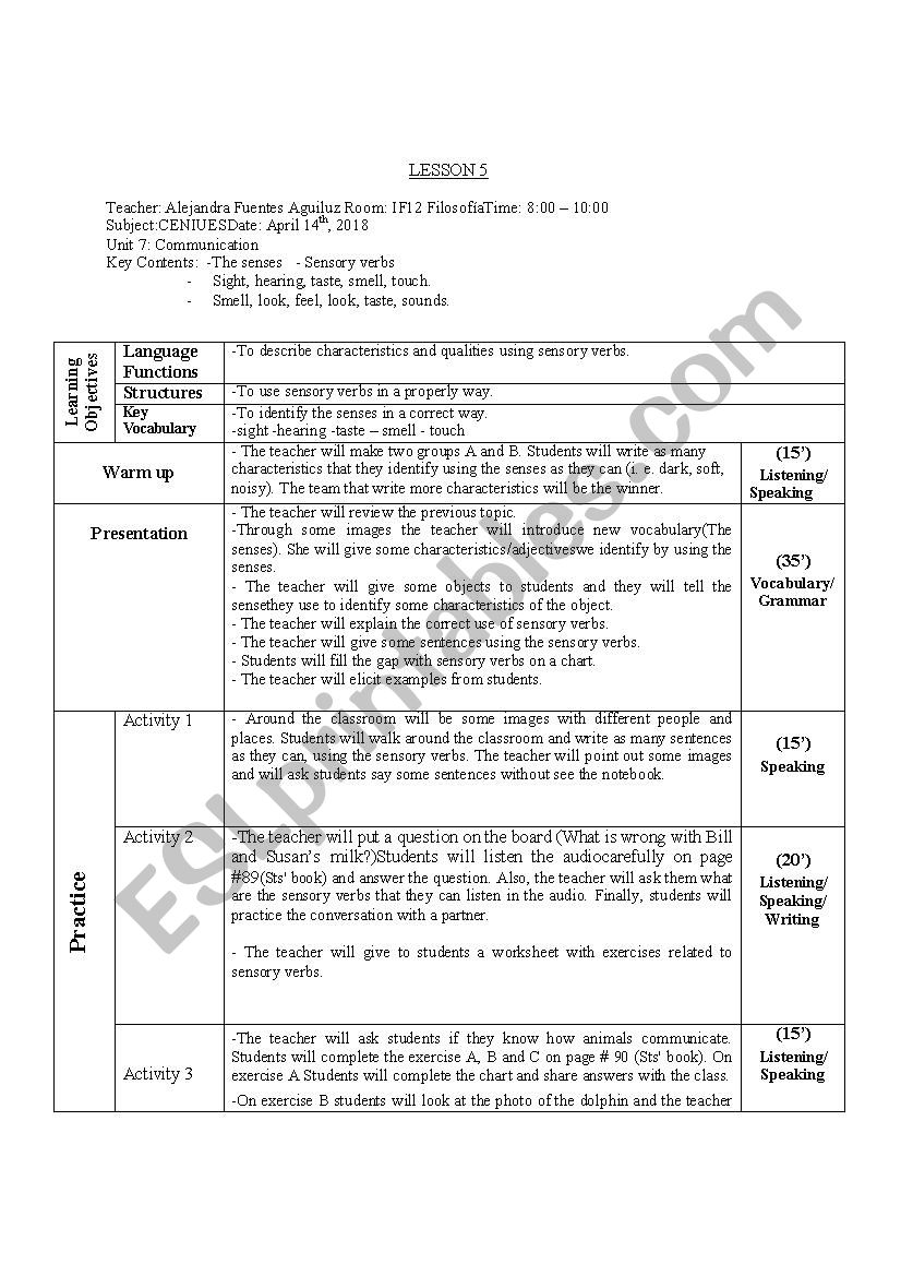 Lesson plan sensory verbs the senses, verbs of sense 